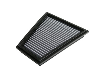 Rectangular pleated air filter with a black frame, angled against a white background (car/HVAC air filter).