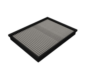 Rectangular HVAC air filter with pleated white media inside a black frame, viewed at an angle.