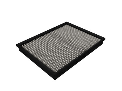 Rectangular HVAC air filter with pleated white media inside a black frame, viewed at an angle.