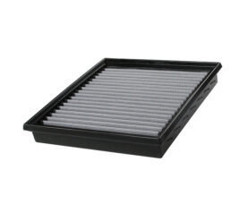 Rectangular pleated air filter with a black plastic frame (car engine air filter).