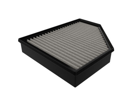 Rectangular air filter with pleated grey media inside a black frame.