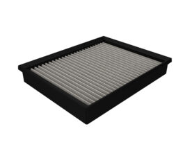 Rectangular pleated air filter with a black frame, designed for HVAC systems in homes or cars.