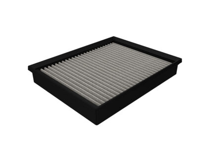 Rectangular pleated air filter with a black frame, designed for HVAC systems in homes or cars.