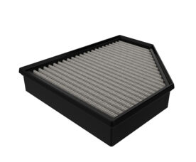 Rectangular car air filter with pleated gray filter media in a black plastic frame.