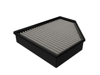 Rectangular car air filter with pleated gray filter media in a black plastic frame.