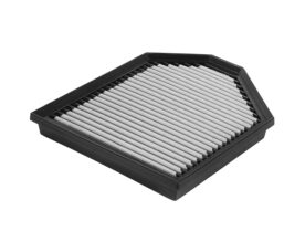 Rectangular car air filter with a black plastic frame and pleated white filter media