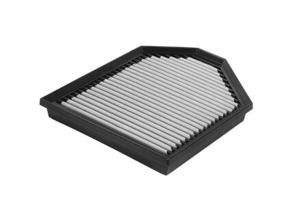 Rectangular car air filter with a black plastic frame and pleated white filter media