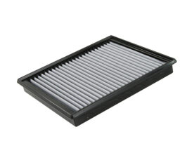 Rectangular automotive air filter with pleated white material in a black plastic frame.