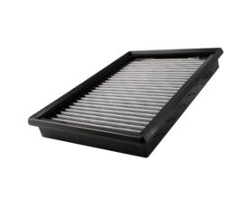 Rectangular automotive air filter with pleated grey material in a black plastic frame.