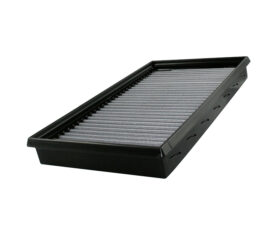 Rectangular pleated air filter with a black plastic frame, angled view from the side.