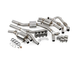 Stainless steel car exhaust kit with multiple pipes, two mufflers, clamps and hangers laid out on a white background