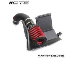 Aftermarket car cold air intake with a red pleated filter and mounting bracket; includes heat shield, MAF not included by note at bottom.