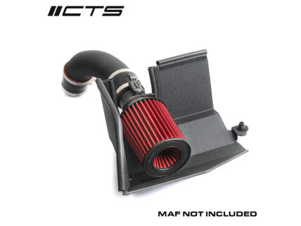 Aftermarket car cold air intake with a red pleated filter and mounting bracket; includes heat shield, MAF not included by note at bottom.