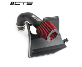 Car performance air intake with a red cylindrical filter and curved black duct mounted on a metal base, branded ICTS