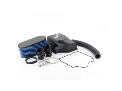Automotive cold air intake kit with a blue filter, hoses, clamps, and gaskets arranged for installation