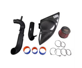 Car performance cold-air intake kit with carbon fiber air box, cone filter, tubing, clamps and silicone couplers for a vehicle engine.