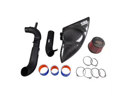 Car performance cold-air intake kit with carbon fiber air box, cone filter, tubing, clamps and silicone couplers for a vehicle engine.