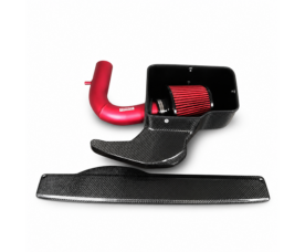 Carbon fiber car intake kit with a red conical air filter and curved piping