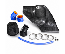 Turbo upgrade components: carbon fiber intake/elbow, blue silicone hoses, black coupler, stainless hose clamps, and fittings laid out for assembly