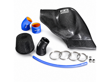 Turbo upgrade components: carbon fiber intake/elbow, blue silicone hoses, black coupler, stainless hose clamps, and fittings laid out for assembly