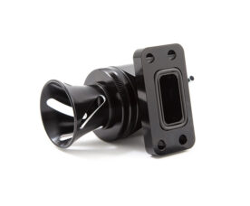 Black metal flange-mount adapter with a rectangular socket/port and a conical horn-like extension.