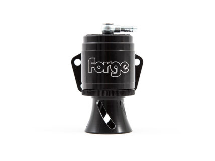 Black cylindrical device with the white 'forge' logo, mounted on a curved black stand against a white background.
