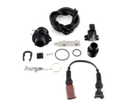 Automotive wiring kit including a coiled cable, circular seals, metal bracket, various plugs and clamps, and a Forge keychain on a white background.
