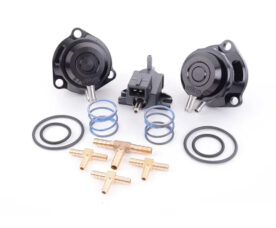 Two black circular automotive valves with connectors, blue springs, O-rings and brass fittings—a fuel injector rebuild kit component set.