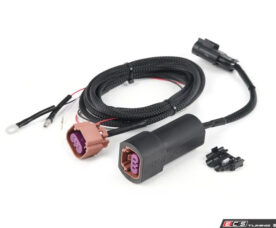 Automotive wiring harness with purple 2-pin connectors and a black protective sleeve, used to connect car electrical components.