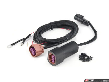 Automotive wiring harness with purple 2-pin connectors and a black protective sleeve, used to connect car electrical components.