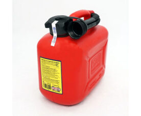 Red plastic jerry can with a black spout and screw cap, standing on a white background, front label visible