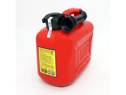 Red plastic jerry can with a black spout and screw cap, standing on a white background, front label visible