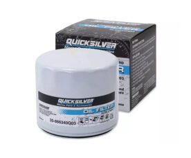 White QuickSilver oil filter with blue/black label next to its product box