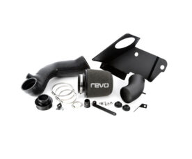 REVO cold air intake kit components laid out on a white background: filter, piping, clamps, hoses, and mounting hardware.