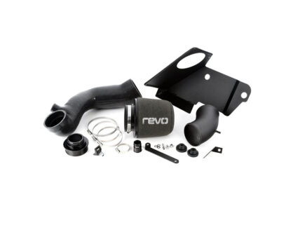 REVO cold air intake kit components laid out on a white background: filter, piping, clamps, hoses, and mounting hardware.