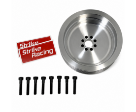 Brake rotor with eight bolts and Strike Racing stickers on a white background (auto parts)