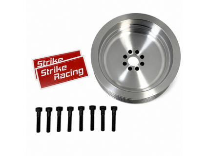 Brake rotor with eight bolts and Strike Racing stickers on a white background (auto parts)