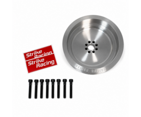 Silver brake rotor with a central hub, ten bolts, and red Strike Racing decals nearby.