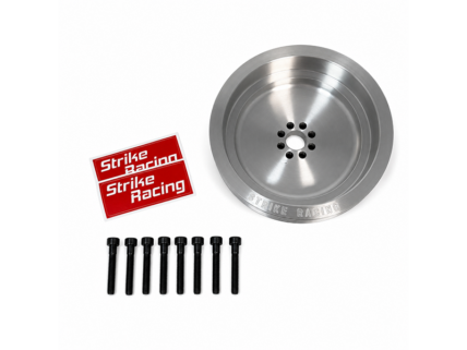 Silver brake rotor with a central hub, ten bolts, and red Strike Racing decals nearby.