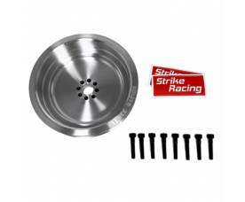 Polished aluminum racing wheel hub with eight lug holes, plus bolts and red Strike Racing stickers.