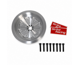 Silver alloy wheel hub with several small black bolts and two red Strike Racing stickers ready for install