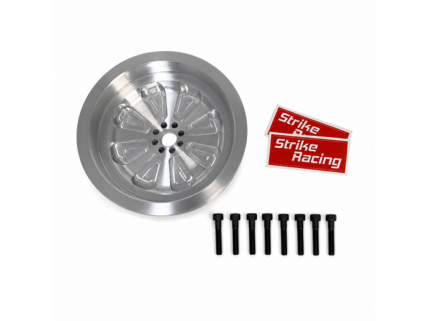Silver alloy wheel hub with several small black bolts and two red Strike Racing stickers ready for install