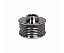 Polished steel spool with grooved outer surface and a central bore for winding cable or rope.
