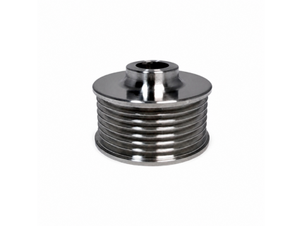 Polished steel spool with grooved outer surface and a central bore for winding cable or rope.