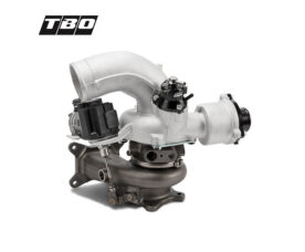 Turbocharger assembly with inlet pipe and actuator, branded TBO, on a white background.