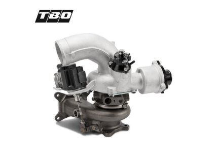 Turbocharger assembly with inlet pipe and actuator, branded TBO, on a white background.