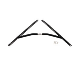 Two black metal V-shaped brace bars joined at the center with a silver connector and mounting screws nearby.
