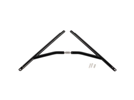 Two black metal V-shaped brace bars joined at the center with a silver connector and mounting screws nearby.