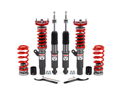 Adjustable coilover suspension kit with red springs and black shock absorbers, plus mounting hardware and wrenches.