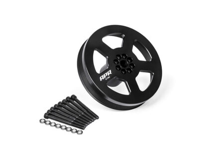Black round pulley with six-spoke design and a set of screws and washers on a white background, automotive part kit